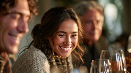 Thanksgiving family gathering: candid smiles around the table in warm golden light; heartfelt loop for holiday ads, greeting headers and lifestyle campaigns