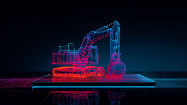 Glowing holographic excavator projected above a tablet, futuristic construction machinery theme, neon cinematic
