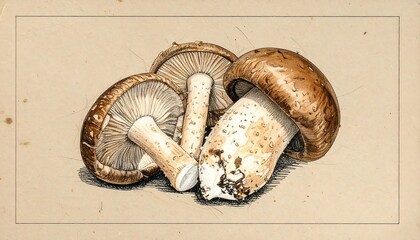 Illustration of Fresh Shiitake Mushrooms with Detailed Artistic Rendering