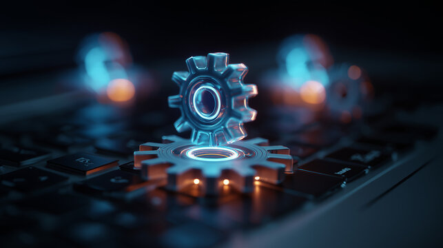 Glowing holographic gears rotating above a laptop keyboard, automation and productivity concept, futuristic neon lighting, cinematic