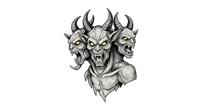 Three-Headed Demon with Horns on a White Background Illustration
