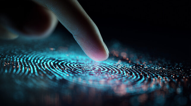 Hand touching a glowing holographic fingerprint scanner projected in midair, cybersecurity and identity theme, futuristic neon cinematic look