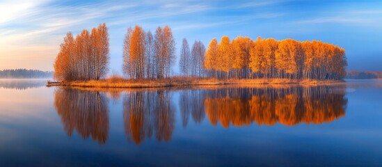 Trees reflected in a calm lake during autumn