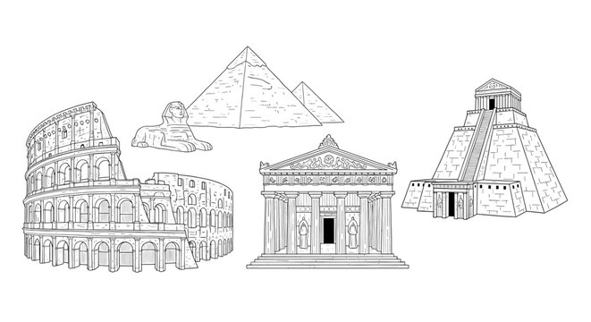Famous historical architectural wonders landmarks black and white line art
