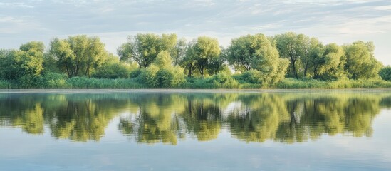 trees reflected in calm lake water