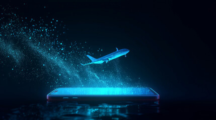 A holographic glowing airplane flying out of a smartphone, futuristic travel booking technology, cinematic neon particles