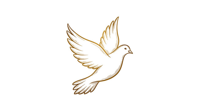 Elegant golden dove in flight illustration, against pure white background