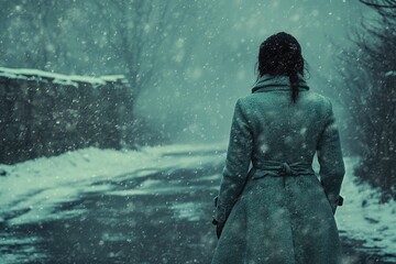 A solitary figure walks a snowy path during a blizzard. Heavy falling snow creates a cold, atmospheric, isolated winter mood.