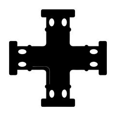 Black abstract cross symbol, with pipe fitting like elements, on white backdrop