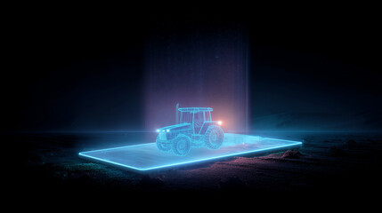A glowing holographic tractor projected above a tablet