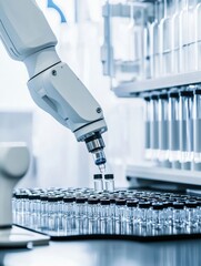Advanced robotic arm assembling vials in a clean room laboratory environment for pharmaceutical applications