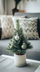 Small Christmas Tree in Ceramic Pot Decorates Cozy Living Room with Green Ornaments