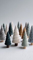 Colorful pastel miniature wooden trees arranged in a gentle forest scene for holiday decor