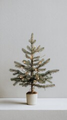 Small potted Christmas tree with warm white lights on a minimalist white shelf