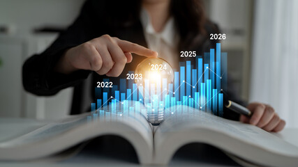 Business bar chart and line graph showing yearly business growth from 2022 to new year 2026, represent data analytics, future 2026 planning, business 2026 trend, and performance analysis 2026 Latch