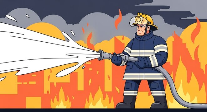 Brave Firefighter Battles Flames, Extinguishing Blaze with Water Hose.