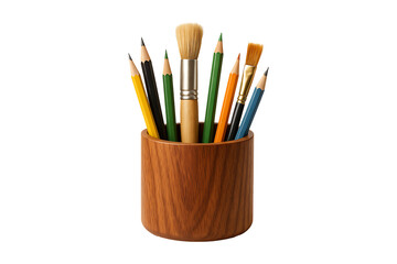 Obraz premium Wooden Holder with Pencils and Brushes Isolated on a Transparent Background