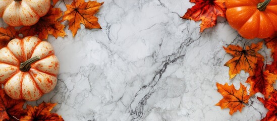 Autumn Pumpkins with Red and Orange Fall Leaves