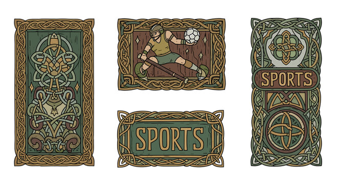 Celtic Inspired Sports Icons Featuring Hurling Player and Intricate Designs