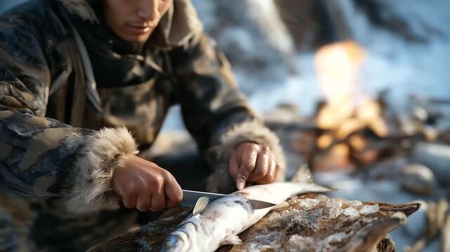An Inuit hunter, their hands steady, cleans a fish on a snowfield, a bone knife slicing smoothly. A sealskin mat, its surface taut, catches scales, their texture slick. A fire crackles, its logs