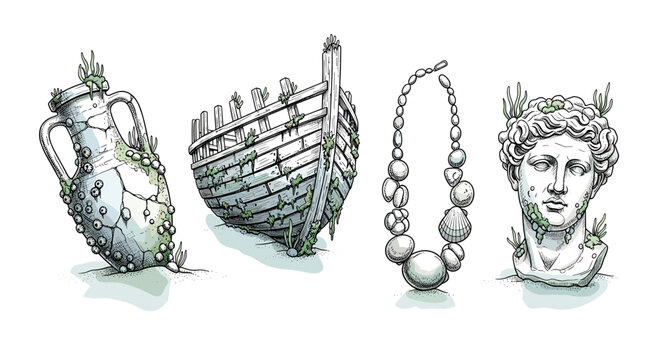 Sunken Treasures: Underwater Exploration Featuring Relics, Shipwreck, Jewelry, and Statue