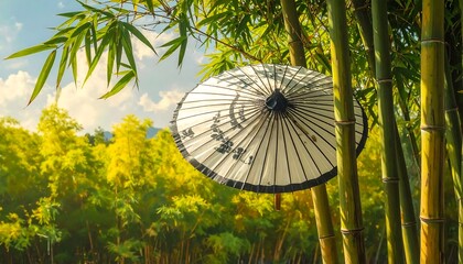 Japanese parasol amidst bamboo forest under the sun with a blue sky backdrop