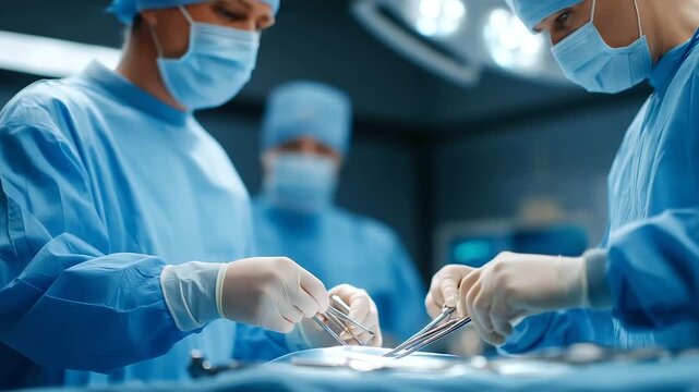 In the sterile atmosphere of an operating theater, gloved hands hold surgical instruments with absolute precision, symbolizing modern medicine, hygiene, and advanced healthcare expertise.