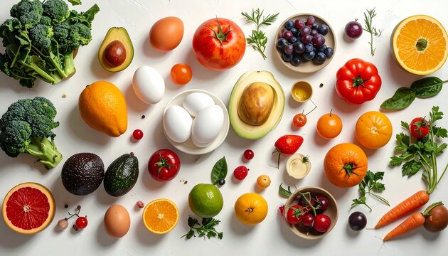 Healthy food composition with a variety of fruits, vegetables, and eggs