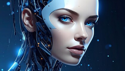 Futuristic Portrait of a Cyborg Woman with Blue Eyes and Cybernetic Implants
