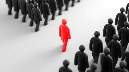 A single red figure walks apart from a large group of black figures