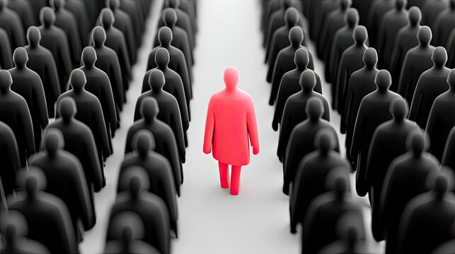 A single, vibrant red figure stands out amongst a crowd of identical dark gray figures