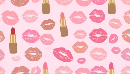 Lipstick and Lip Prints Pattern on Pink Background for Beauty and Fashion Design