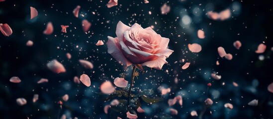 Sun shining through a forest with flowers and petals