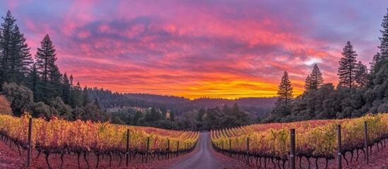 Sunset over mountains forest and river with colorful sky