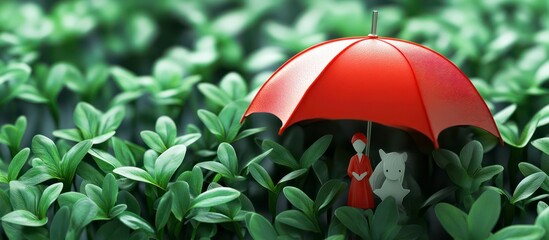Red umbrella on green grass with red and green leaves illustration
