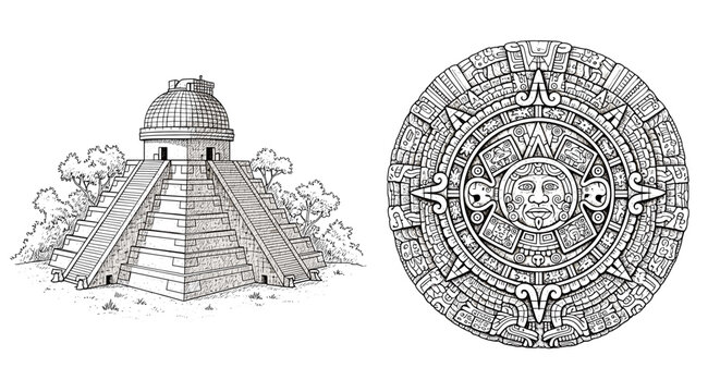 Detailed Line Art of a Mayan Pyramid and Calendar Stone