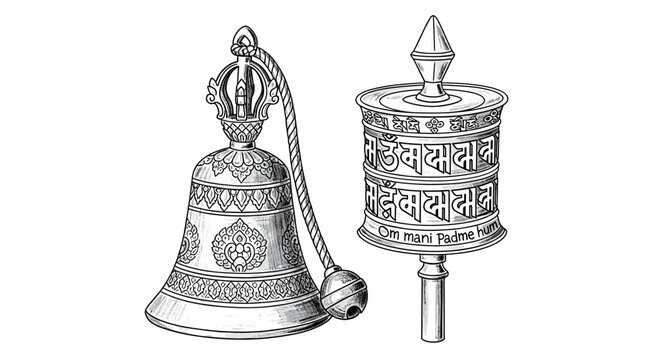 Tibetan Bell and Prayer Wheel Art Illustration in Detailed Style