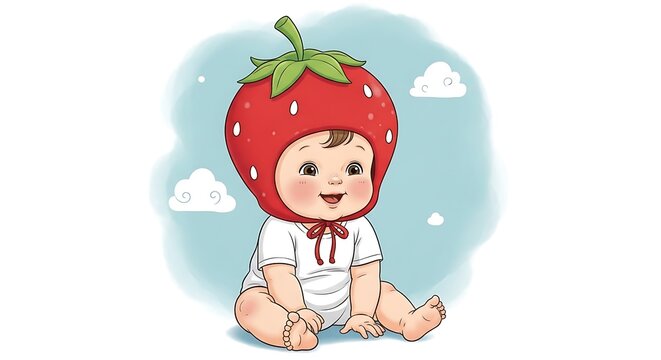 Adorable baby wearing a strawberry hat, smiling happily, cute illustration.