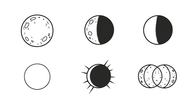 Phases of the Moon, Sun Eclipse and Planet Overlap Illustration.