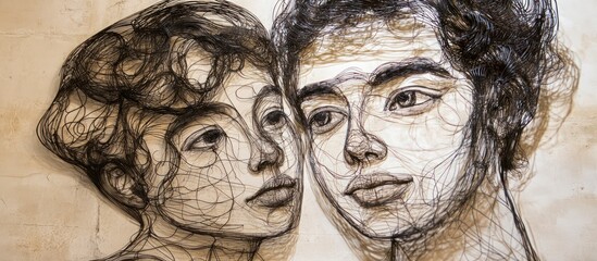 Ancient stone sculpture portrait showing the face of a man and a woman carved in classical Roman and Greek style