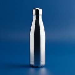 Pristine Unbranded Stainless Steel Water Bottle Standing on Vibrant Blue Studio Background with Soft Reflective Lighting Promoting Sustainable Healthy Living
