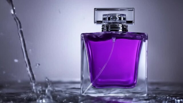 A luxurious perfume bottle with vibrant purple liquid, water splashing around.