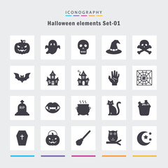 Halloween icon set spooky holiday pumpkin ghost skull witch bat vector design Set 01