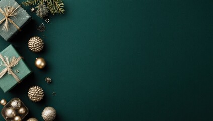 Naklejka premium Festive Christmas decor, muted greens and golds on a dark background