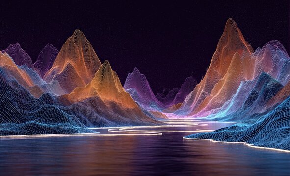 Colorful, wireframe mountains & lake at night