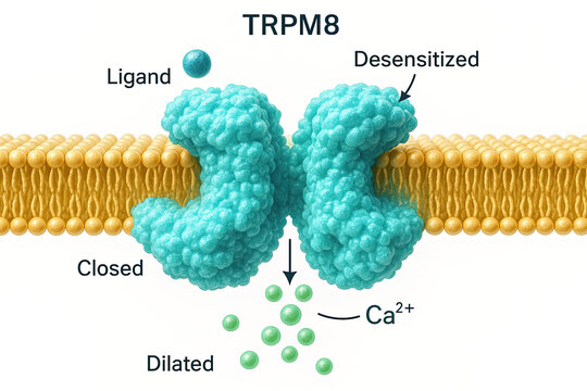 TRPM8 channel and calcium influx mechanism illustration.