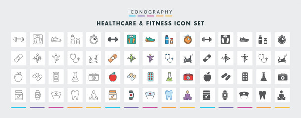 Fitness and healthcare icons set gym workout medicine nutrition yoga wellness cartoon and line vector