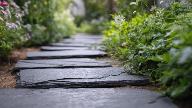 Slate pathway meandering through a garden. Lush greenery surrounds the dark gray stone walkway