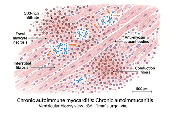 Illustration of Chronic Autoimmune Myocarditis: Ventricular Biopsy View with Cellular Infiltrates, Necrosis, Fibrosis, and Autoantibodies
