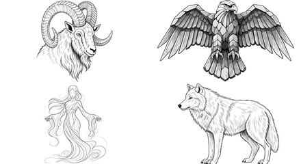 Obraz premium Intricate Illustrations of Ram, Eagle, Spirit and Wolf on White Backdrop